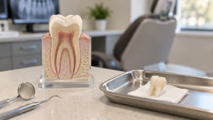 Tooth model and extracted tooth illustrating root canal vs tooth extraction